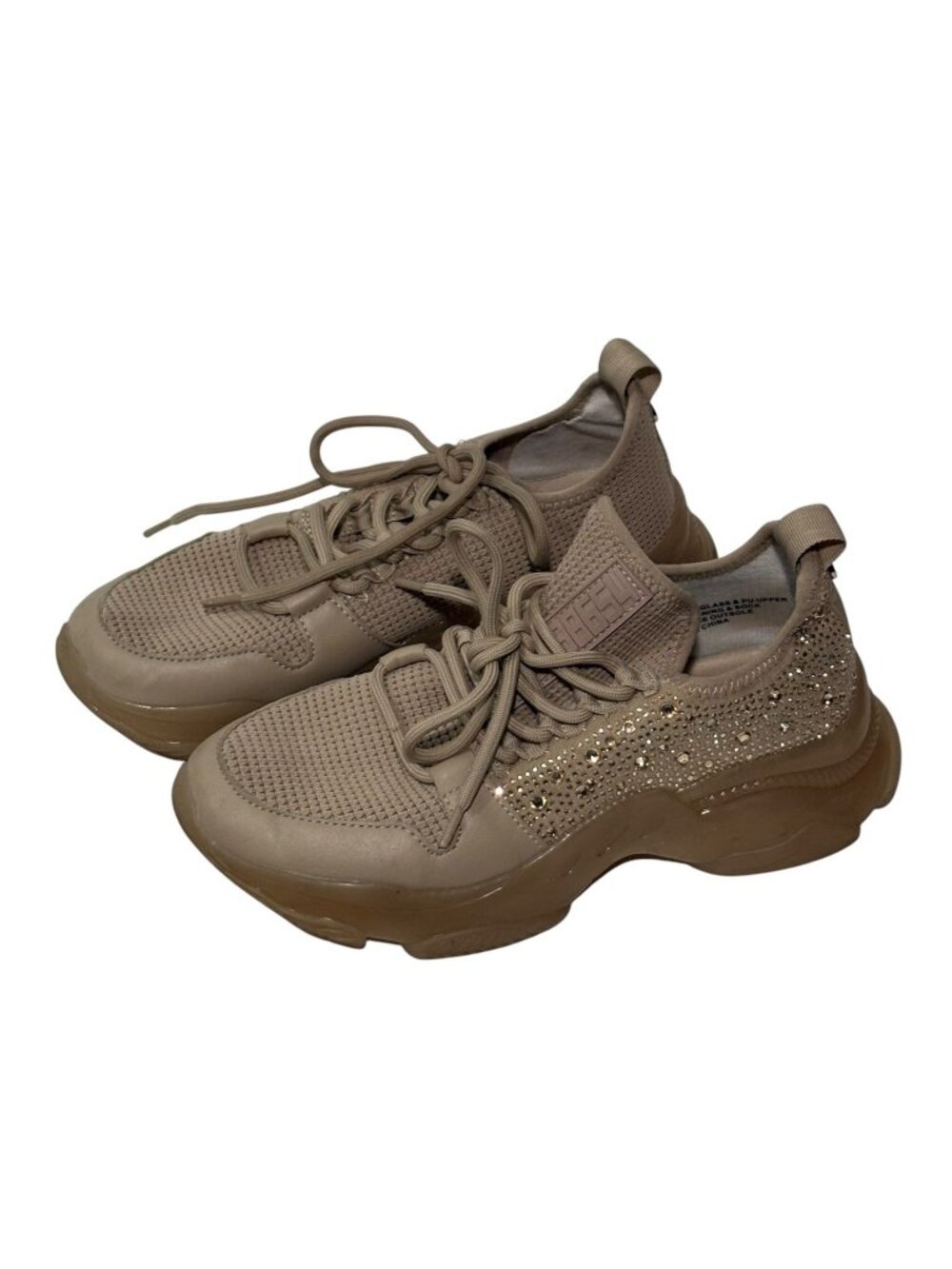 Steve Madden Womens Lesly Rhinestone Embellished Sneakers Tan Chunky Soles Sz 8